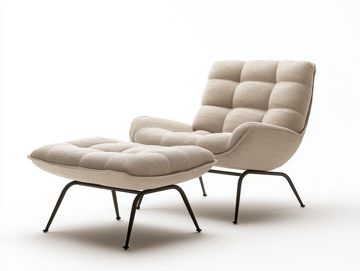 Sillón lounge con reposapiés 95×95×100 cm – tapizado beige con patas de metal negro – estilo moderno de mediados de siglo