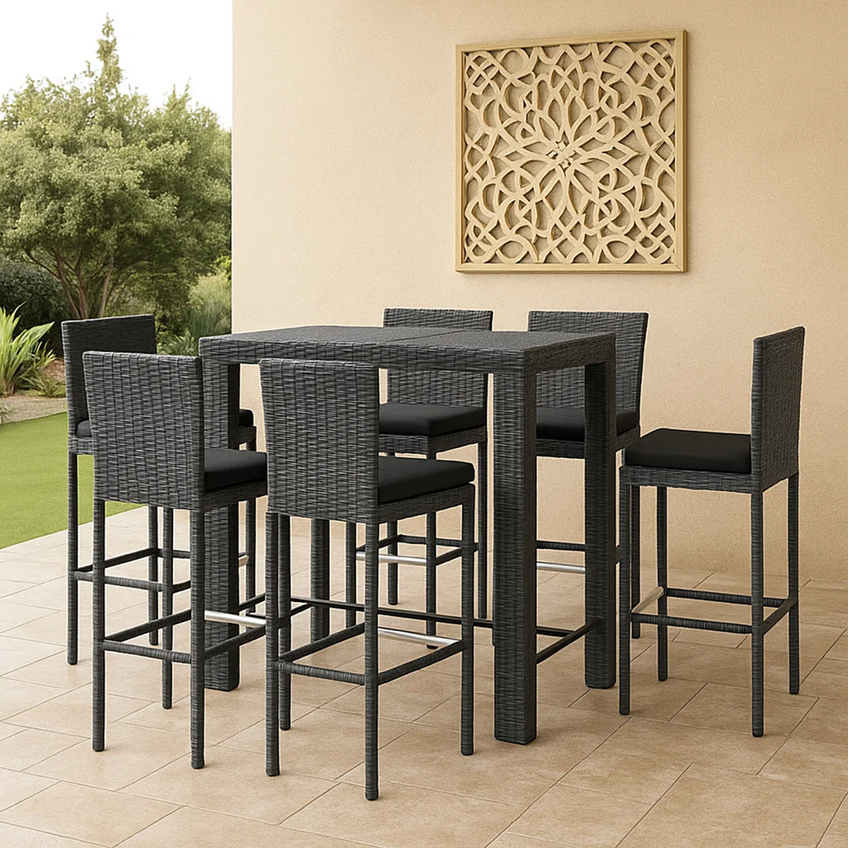 Conjunto de bar para jardín 7 pzas ratán sintético gris oscuro con cojines – mesa alta y 6 taburetes