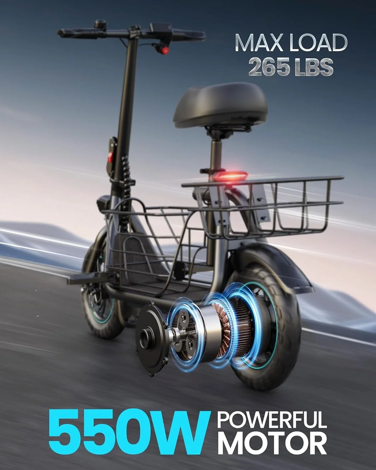 Gyroor Electric Scooter With Basket And Seat, 550W, 20 Mile Range, Black-FP9 - C1S - Image 4 Gyroor Electric Scooter With Basket And Seat, 550W, 20 Mile Range, Black-FP9 - C1S - Image 4
