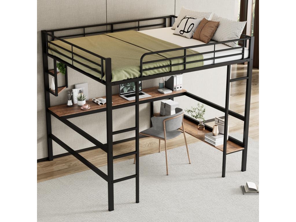 Cama entrepiso de hierro - 140x200 cm - con escritorio y 5 estantes - Negro