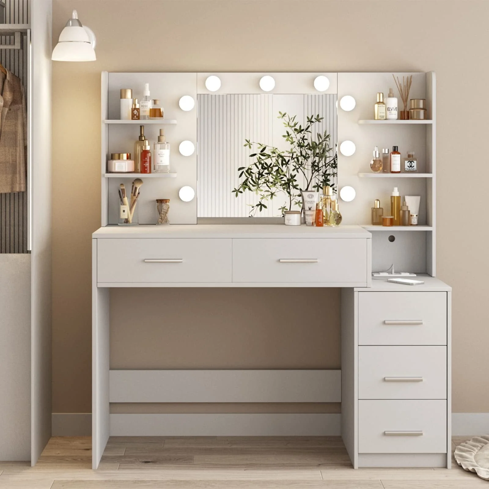 Makeup Vanity with Mirror and Lights,3 Lighting Colors,Bedroom Vanity Table with Charging Station,White Make Up Desk with 5 Drawers Storage and Open Shelves