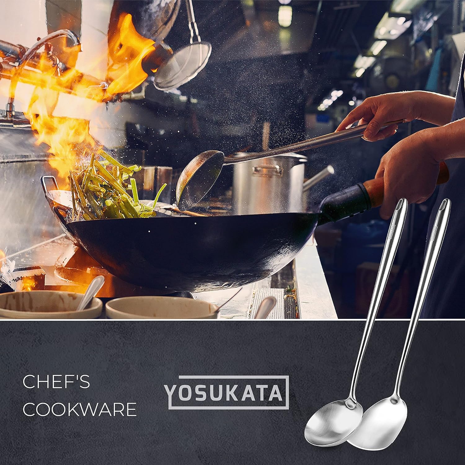 YOSUKATA Carbon Steel Wok and Stir Fry Pans 13,5 “ + 17’’ Wok Spatula and Ladle