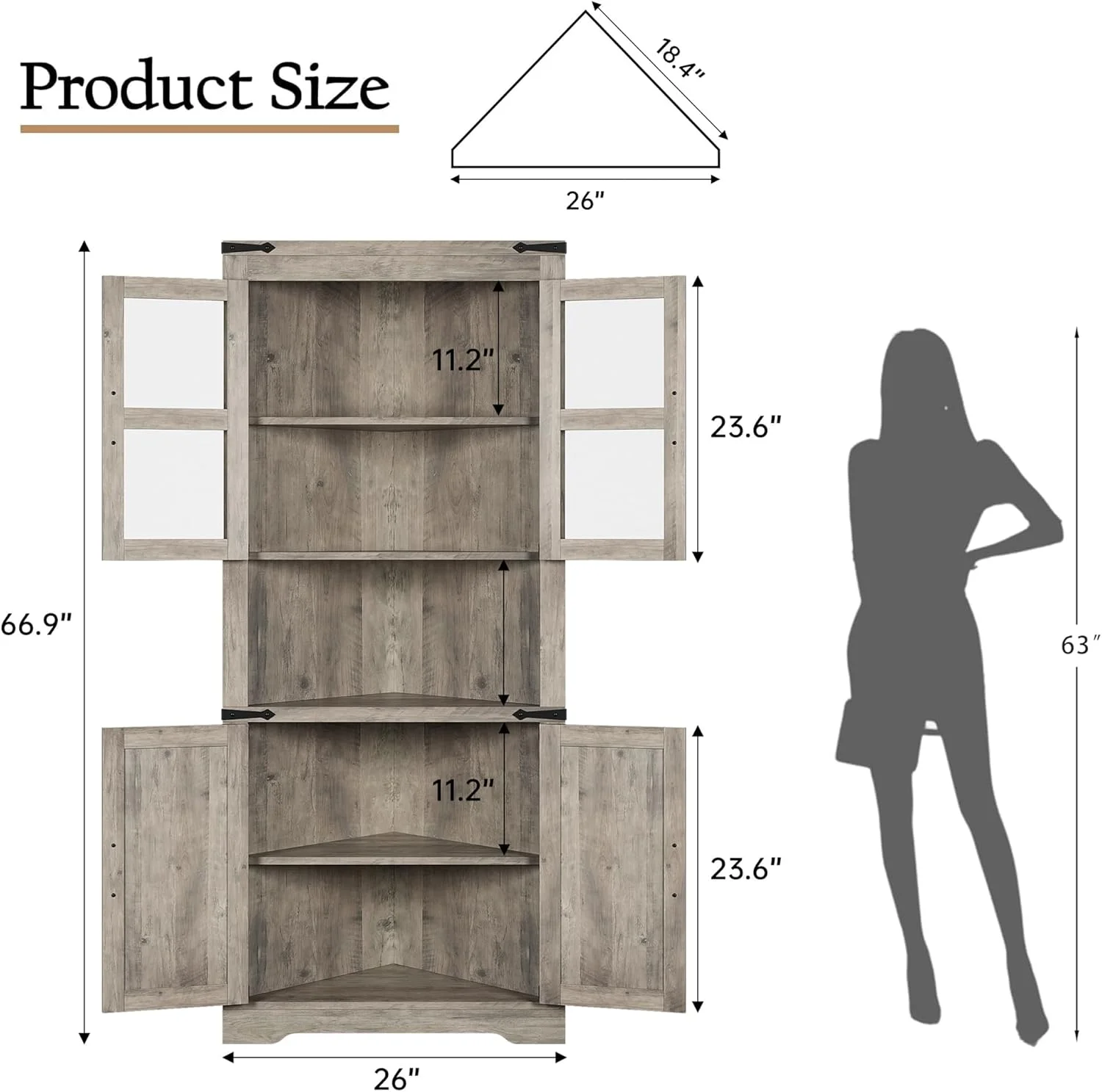 67" Tall Corner Storage Cabinet with Lights, Farmhouse Corner Hutch Display Cabinet with Glass Doors, Wooden Storage Organizer for Kitchen, Living Room, Bathroom, Washed Grey - Image 2