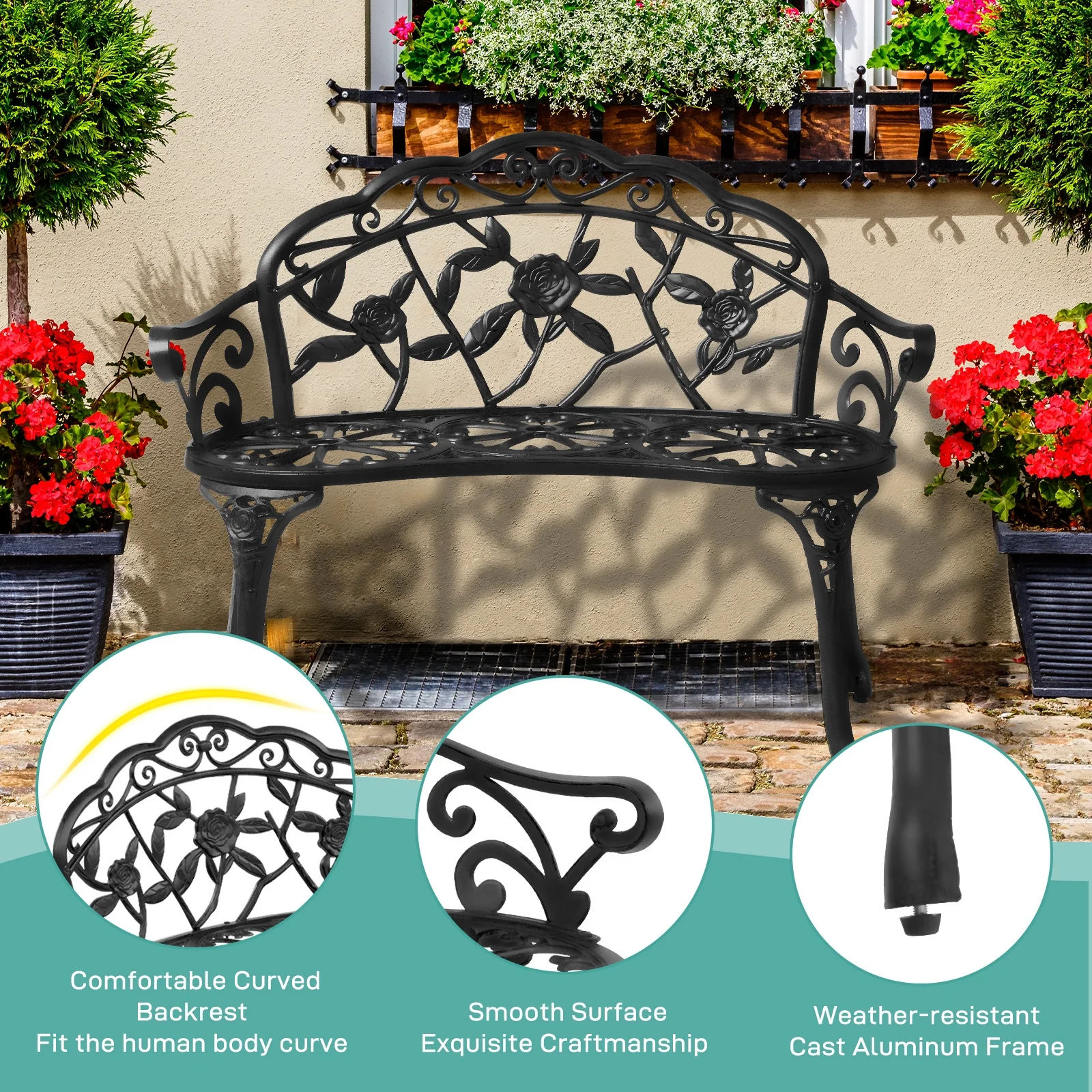 Zimtown Courtyard Park Outdoor Patio Bench Leisure Rose Cast Aluminum Chair, Metal Loveseat Bench for Garden Patio, Porch, Deck, Bronze - Image 16