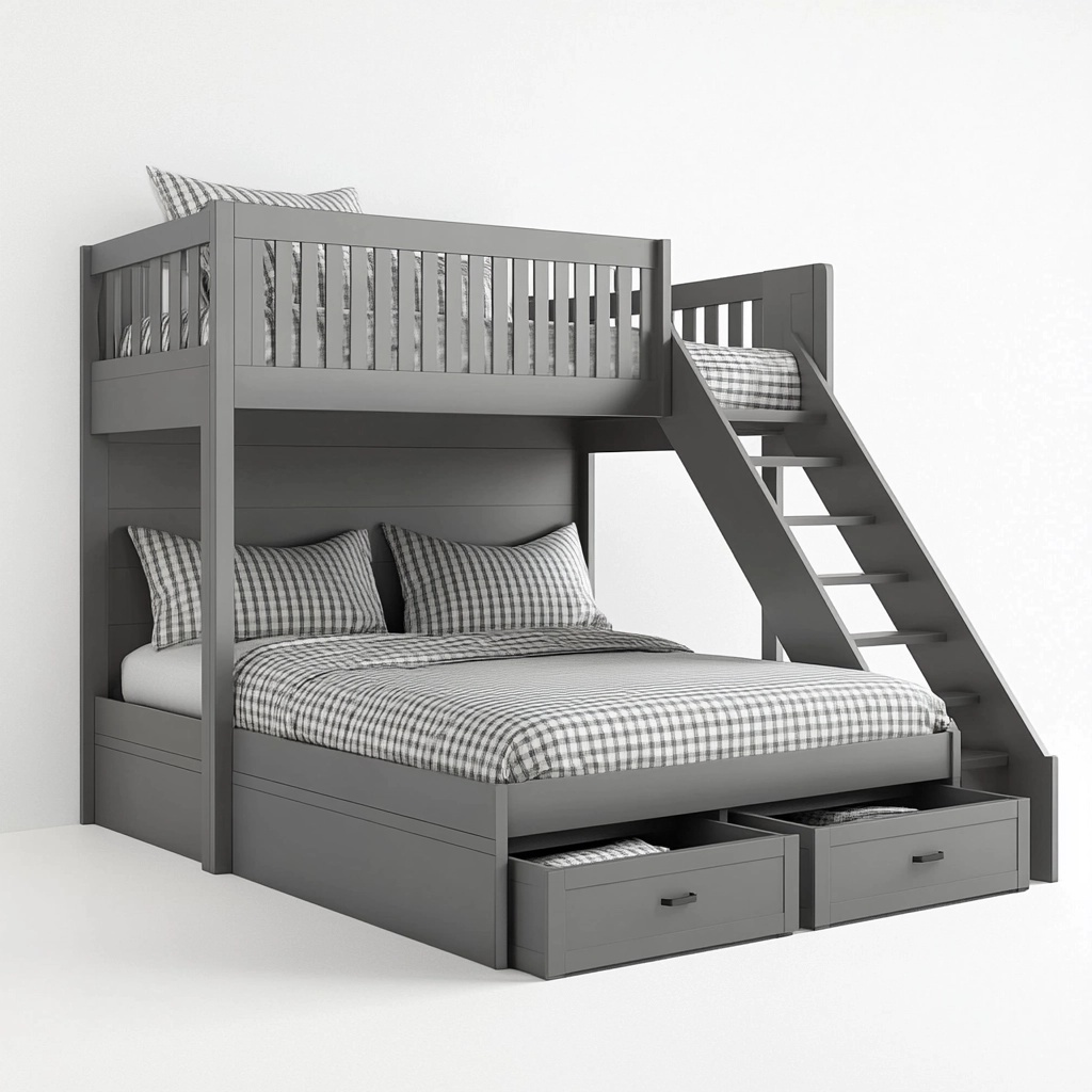 Cama litera con escalera y almacenamiento para dormitorio material madera color gris tamaño doble