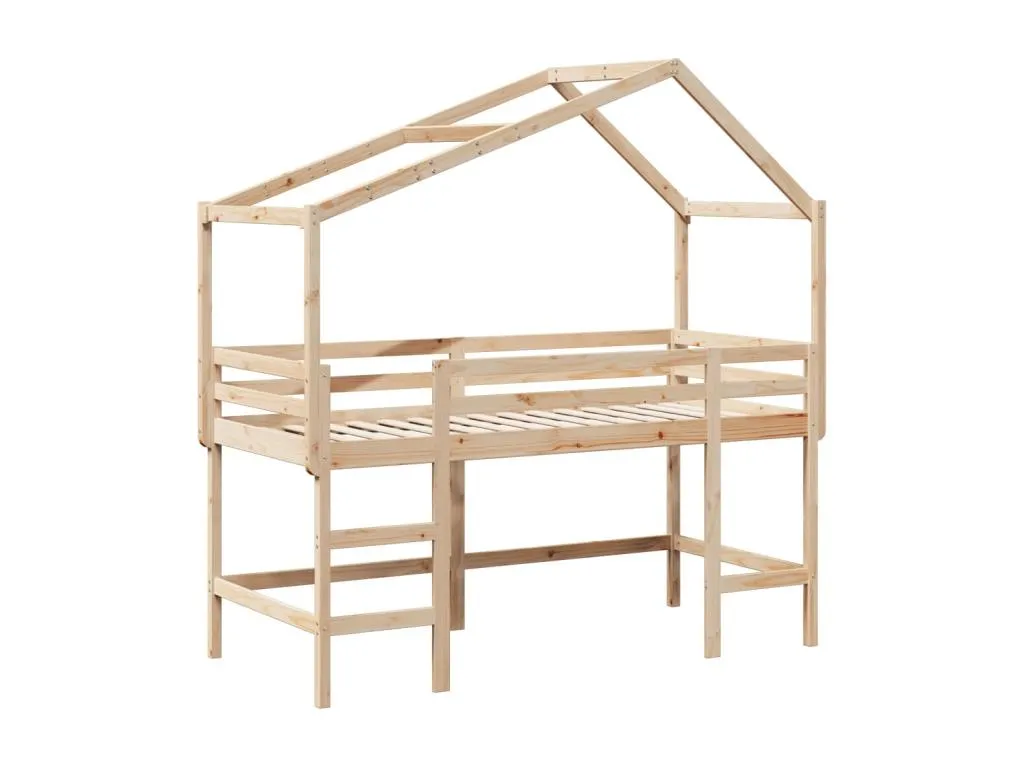 Cama alta con escalera y techo madera maciza de pino 90x200 cm lbf3541133