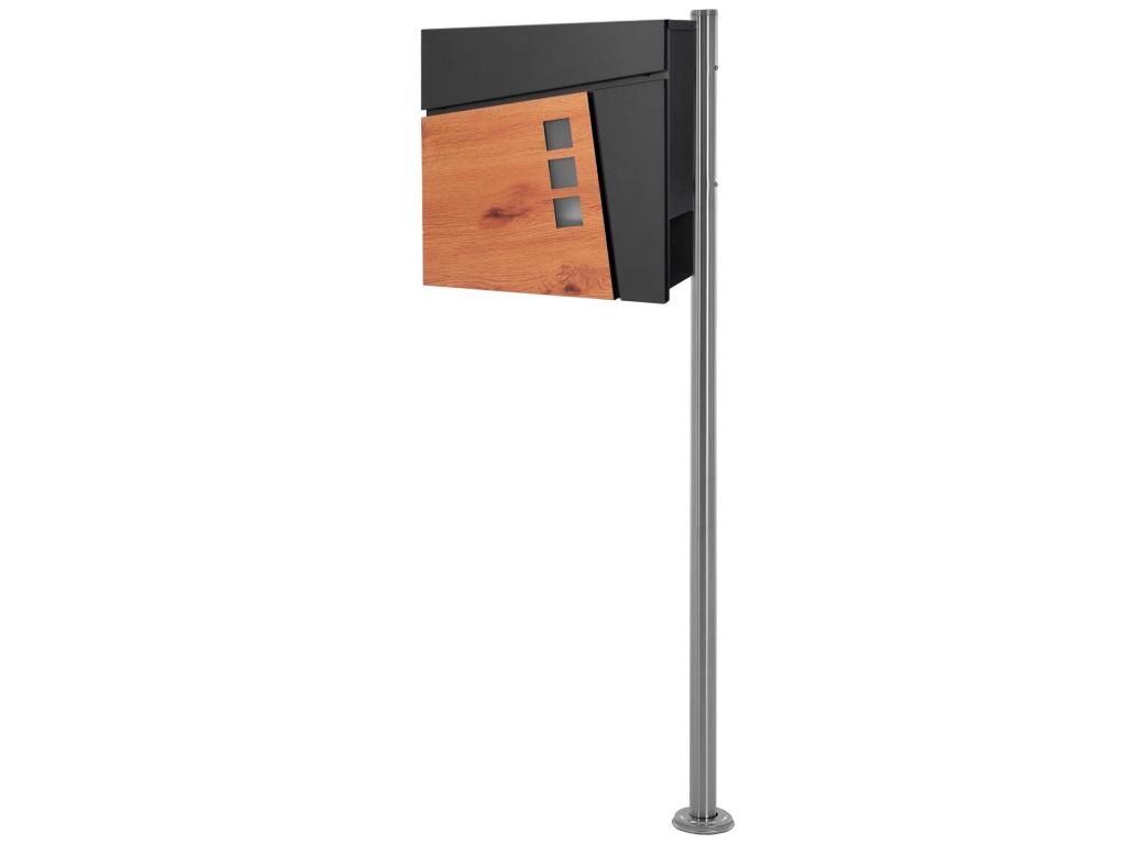 Buzón exterior con soporte 120cm y compartimento periódicos negro diseño madera