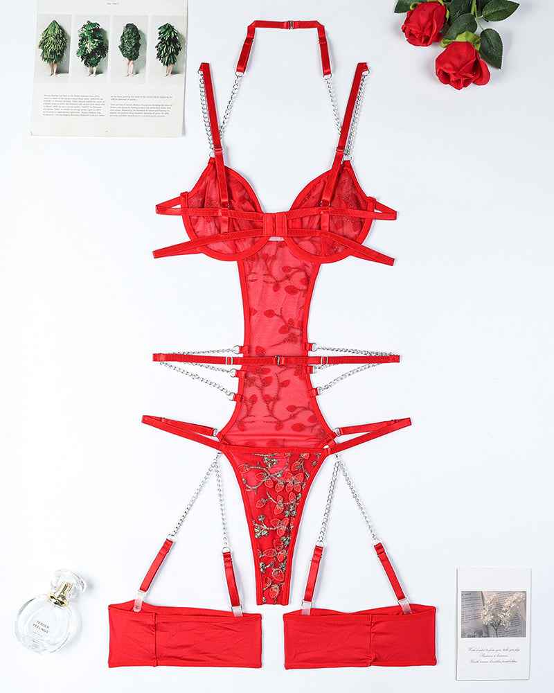 Lace Embroidered Chain Bodysuits