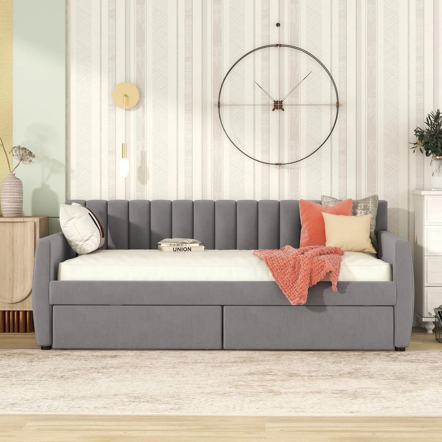 Twin Size Daybed with 2 Storage Drawers, Tufted Upholstered Sofa Bed Frame with and Wood Slat Support, Perfect for Bedroom, Gray - Image 2