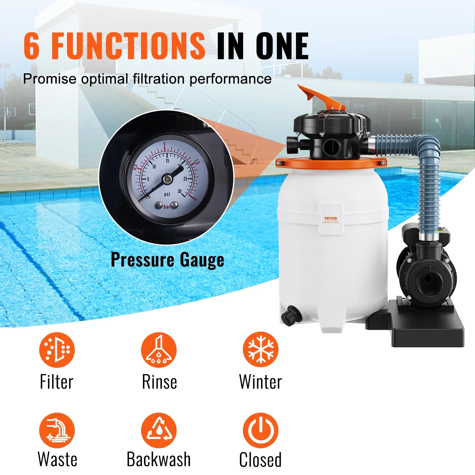 SKYSHALO Sand Filter Above Ground 0.33HP Pool Pump 1585GPH Flow 10" 5-Way Valve - Image 9