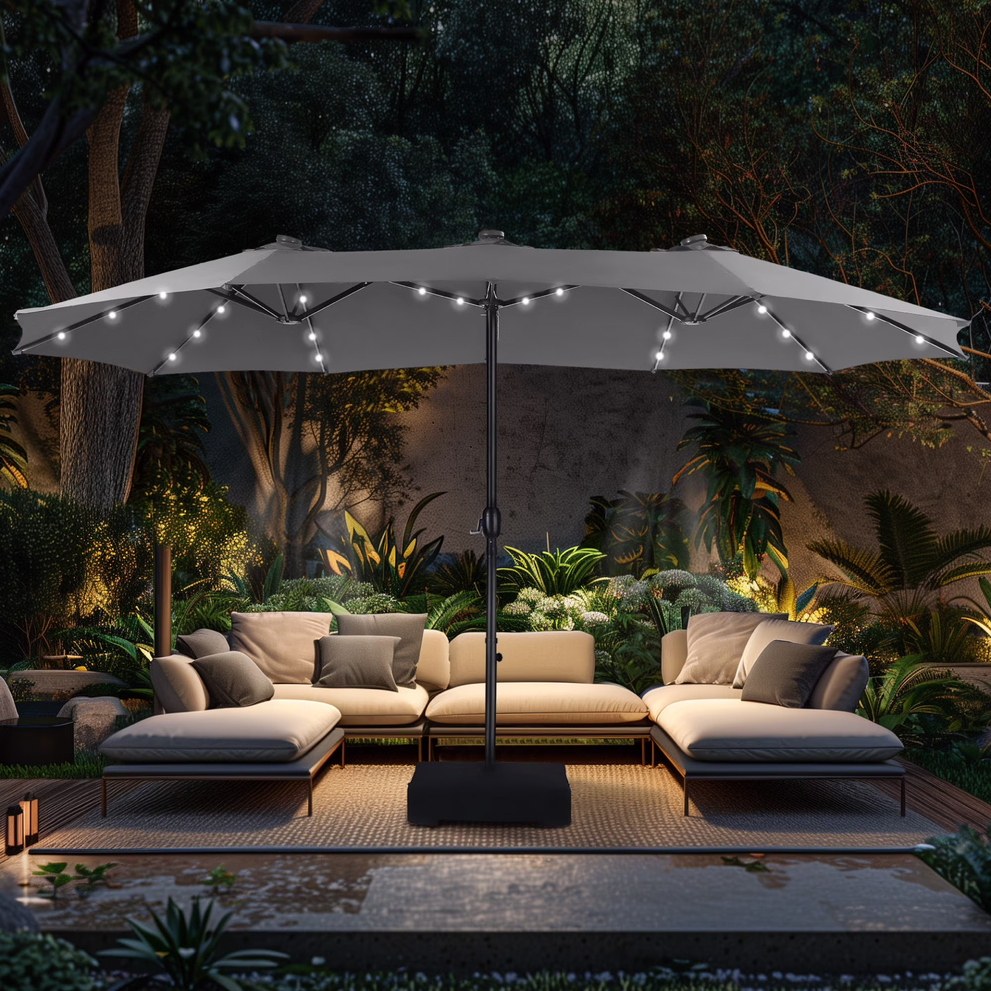 Alpha Joy 15ft Extra Large Outdoor Patio Double-Sided Umbrella with LED Solar Lights & Umbrella Base, Beige - Image 9