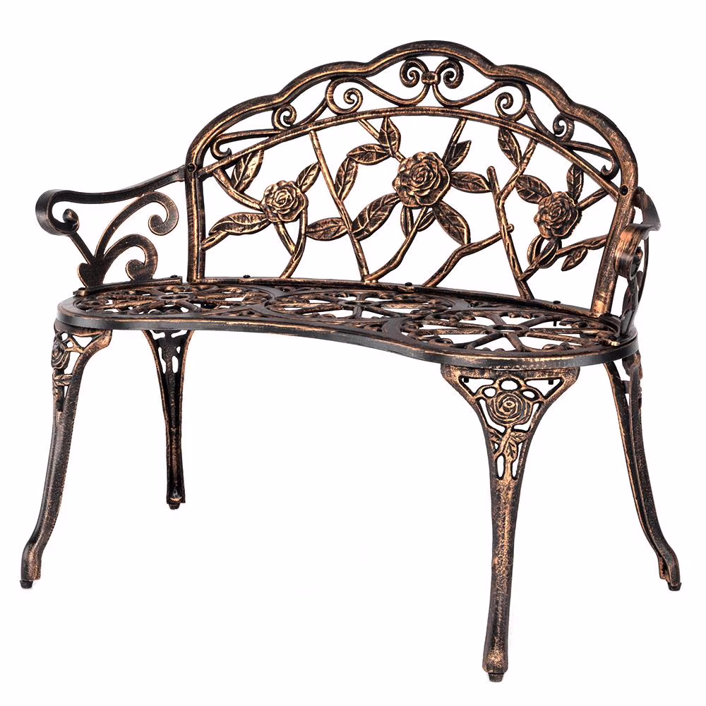 Zimtown Courtyard Park Outdoor Patio Bench Leisure Rose Cast Aluminum Chair, Metal Loveseat Bench for Garden Patio, Porch, Deck, Bronze