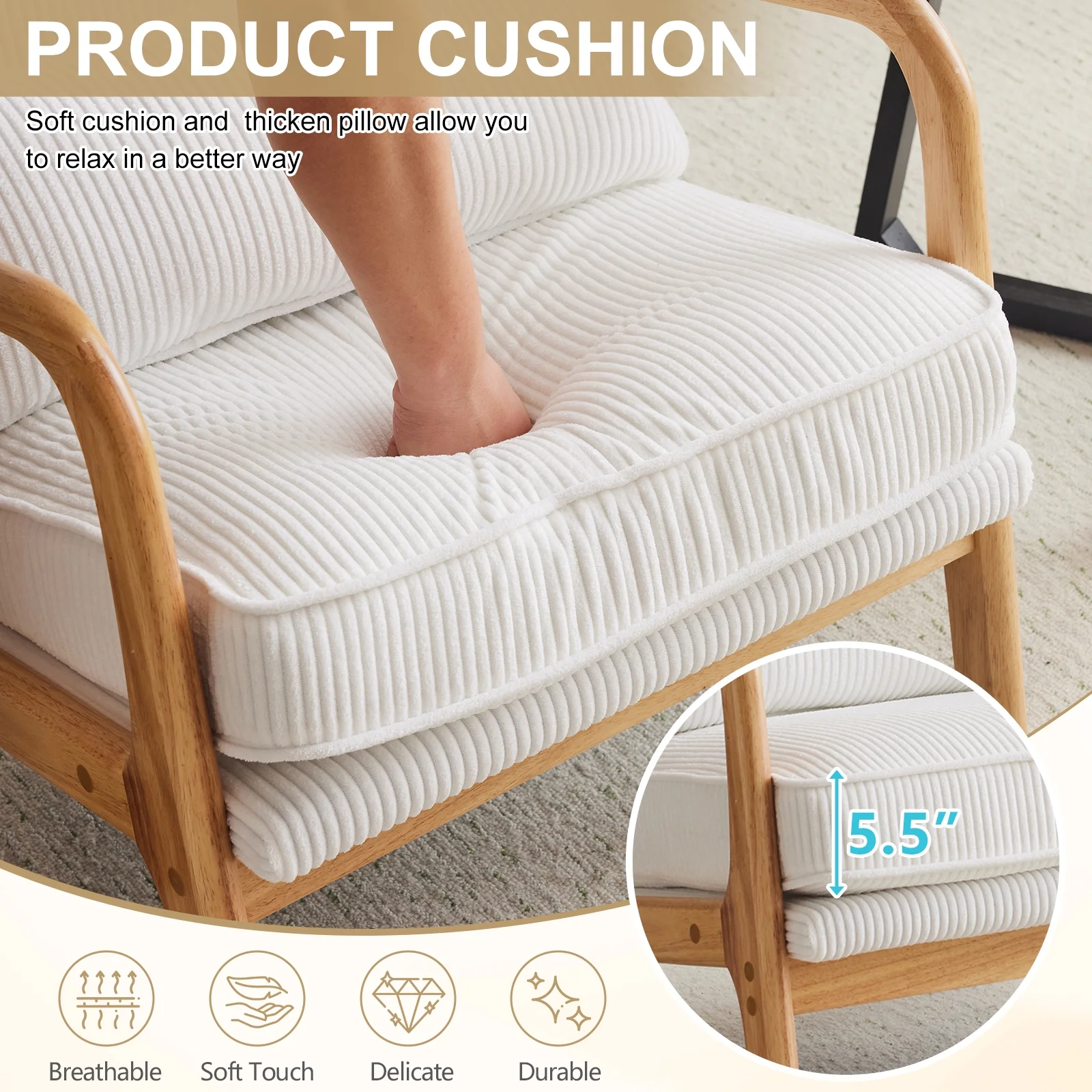 Ktaxon Accent Chair Corduroy Upholstered Armchair, Reading Club Chair with Pillow and Solid Wood Frame for Living Room Bedroom Furniture Off White - Image 155