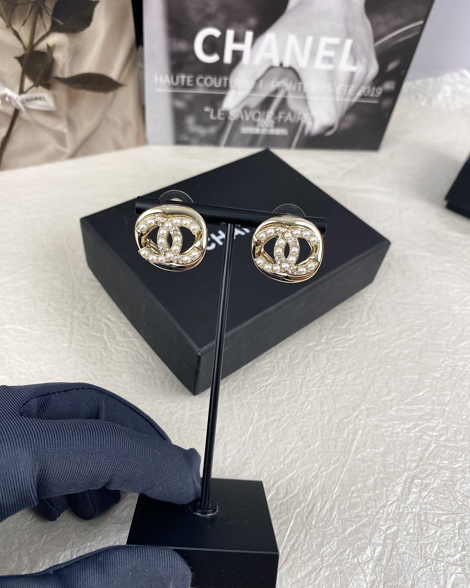 Chanel Diamond and Pearl  CC Pearl Stud Earrings - Original Replica Club