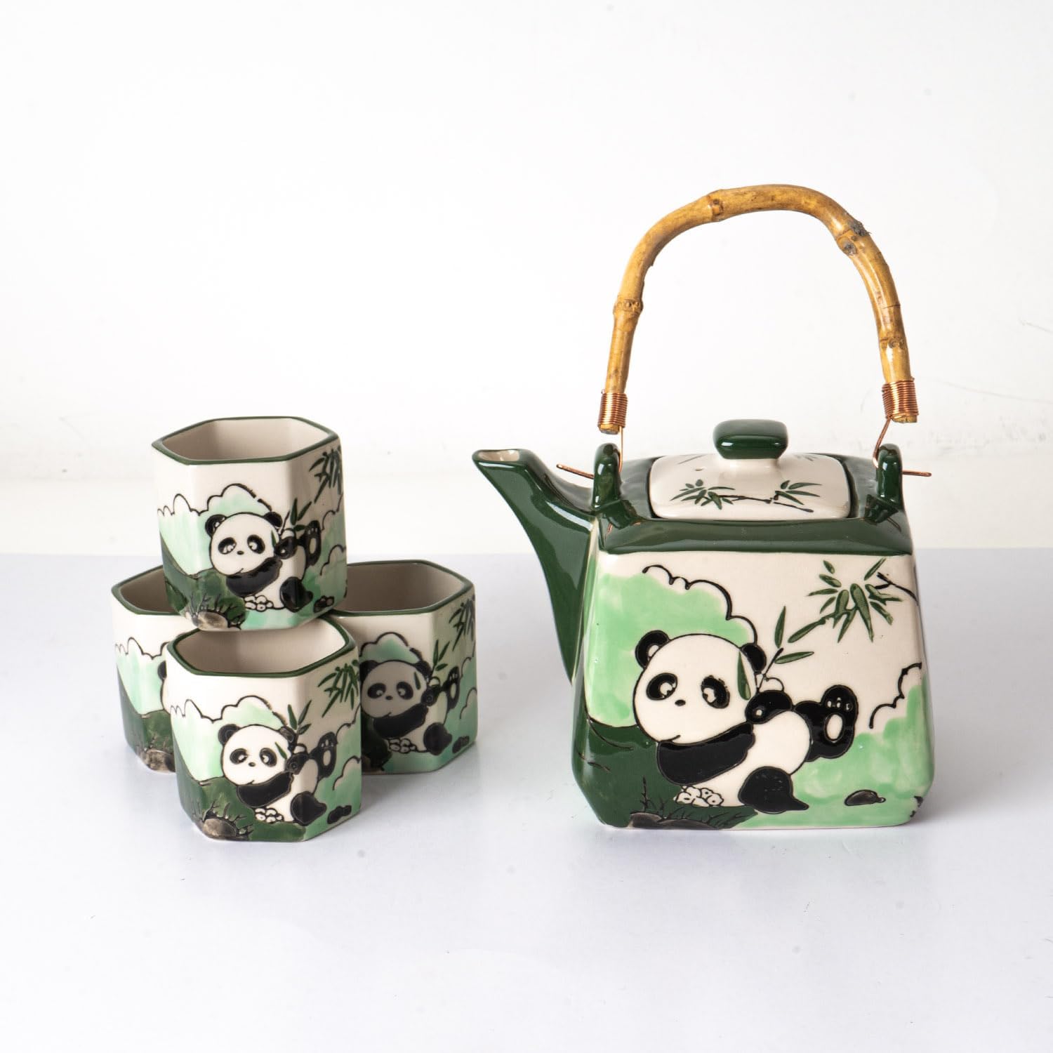 Porcelain Tea Set Teapot with Strainer Square Shape With Wooden Handle and 4 Hexagon Tea Cups Handpainted Playful Panda Design Tea Set Japanese Style
