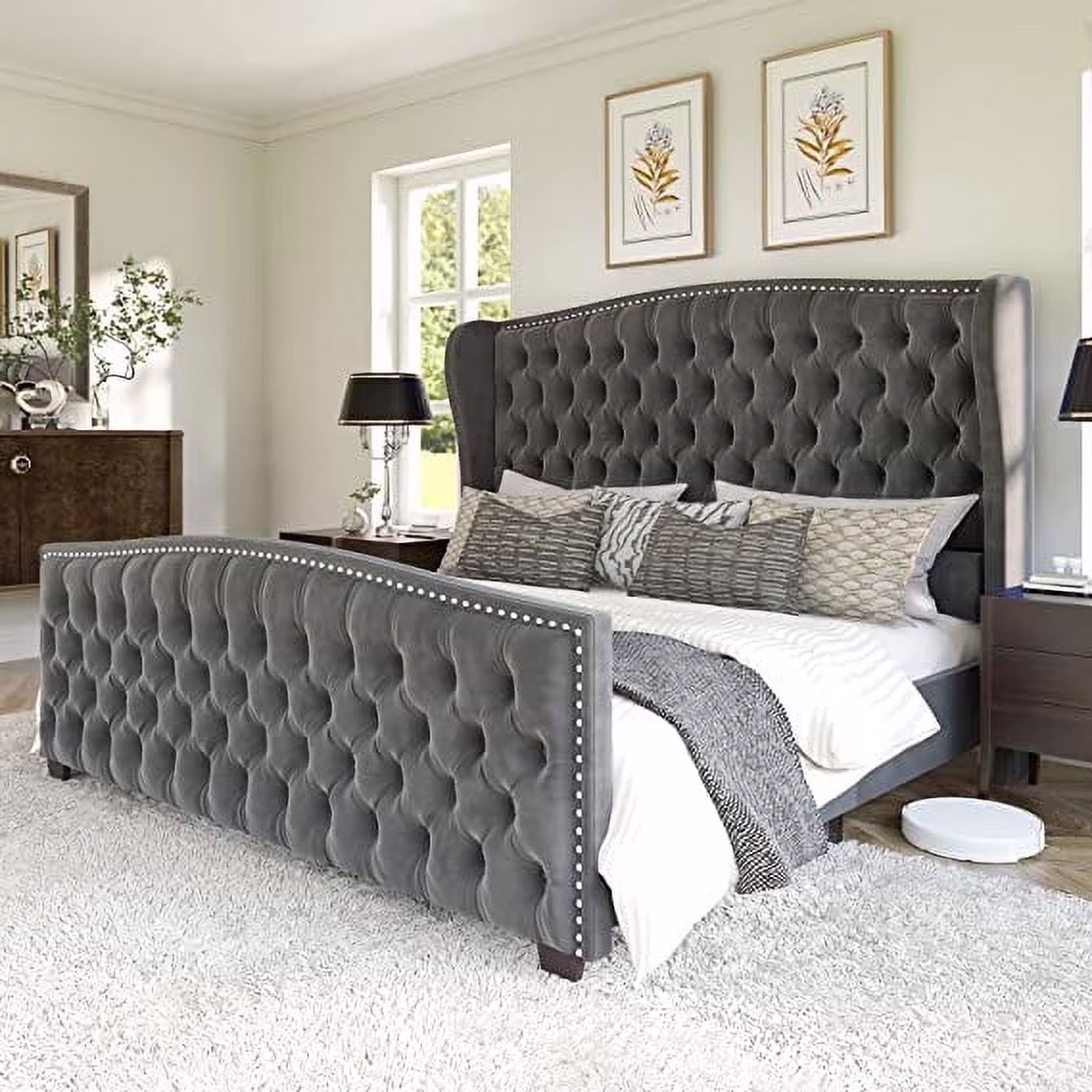 VANACC Queen Size Bed Frame, Velvet Upholstered Bed with Deep Button Tufted Wingback Headboardgrey(King/cream)