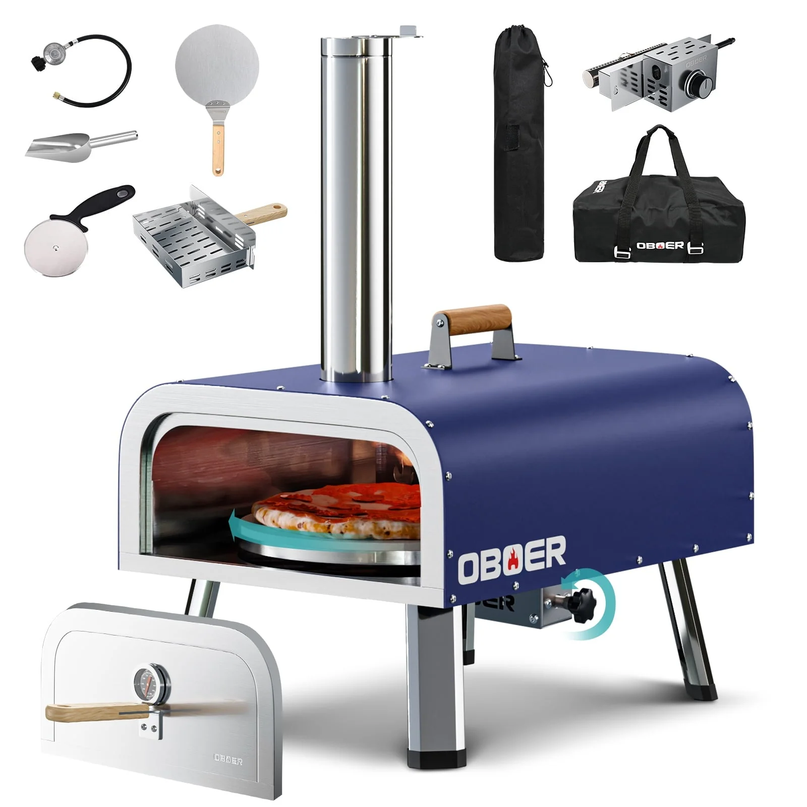 NAIZEA Outdoor Wood Fired Pizza Oven, Stainless Steel Pizza Grill, W/Complete Accessories Pizza Bag for Outdoor Cooking (Blue)(Black)
