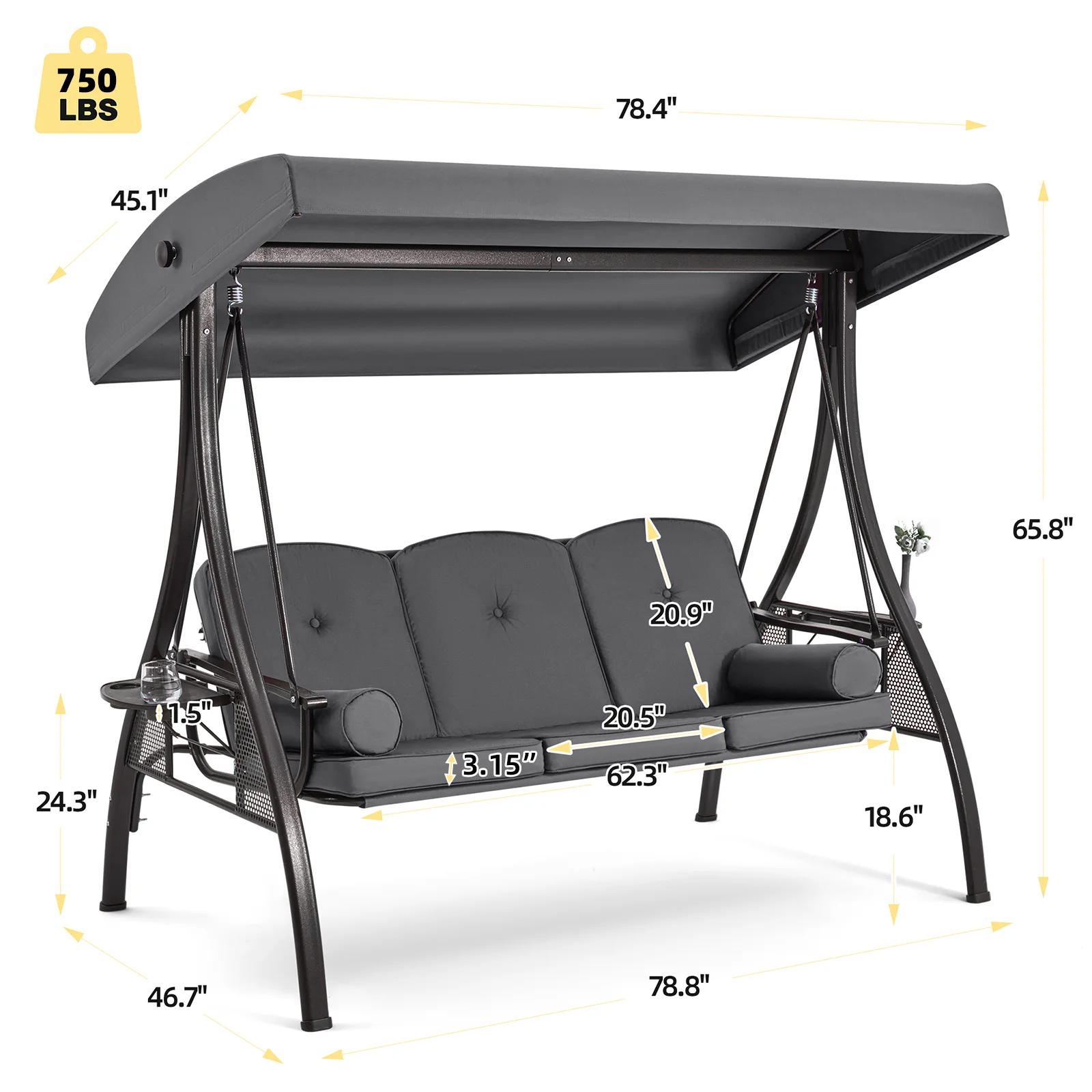 Homrest 3 Person Patio Outdoor Porch Swing with Adjustable Canopy, Backrest, Swing Bed with Stand for Garden,Deck - Image 43