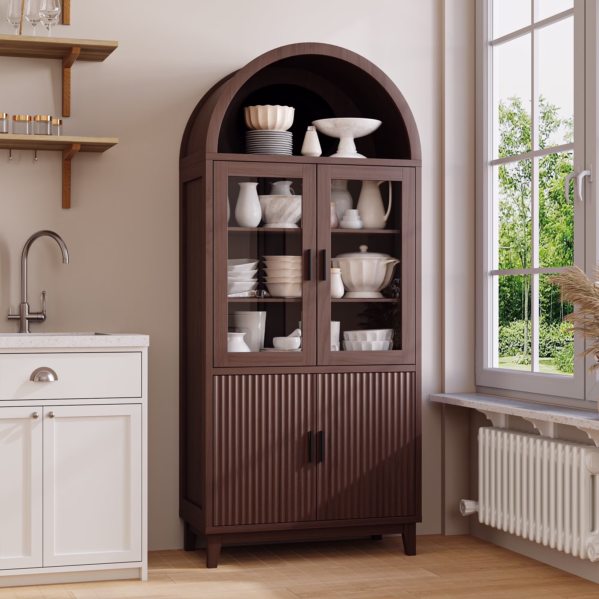 VEANERWOOD 71" Tall Arch Cabinet, Wood Fluted Kitchen Kitchen Storage Cabinet with 4 Doors and 6 Shelves for Dining Room Living Room - Image 3
