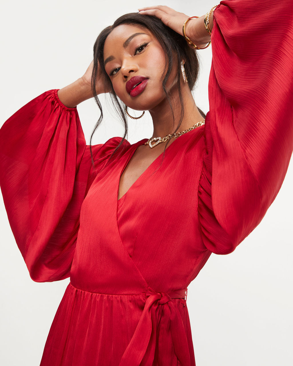 Whitney Satin Wrap Ruffle Mini Dress - Red - Se7enfashion