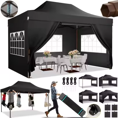 COBIZI 10x15 Pop Up Canopy Tent Heavy Duty with Sidewall, Commercial Outdoor Easy Pop Up Gazebo for Party Wedding All Weather Waterproof UV 50+ with Roller Bag(Leg Upgraded),Black