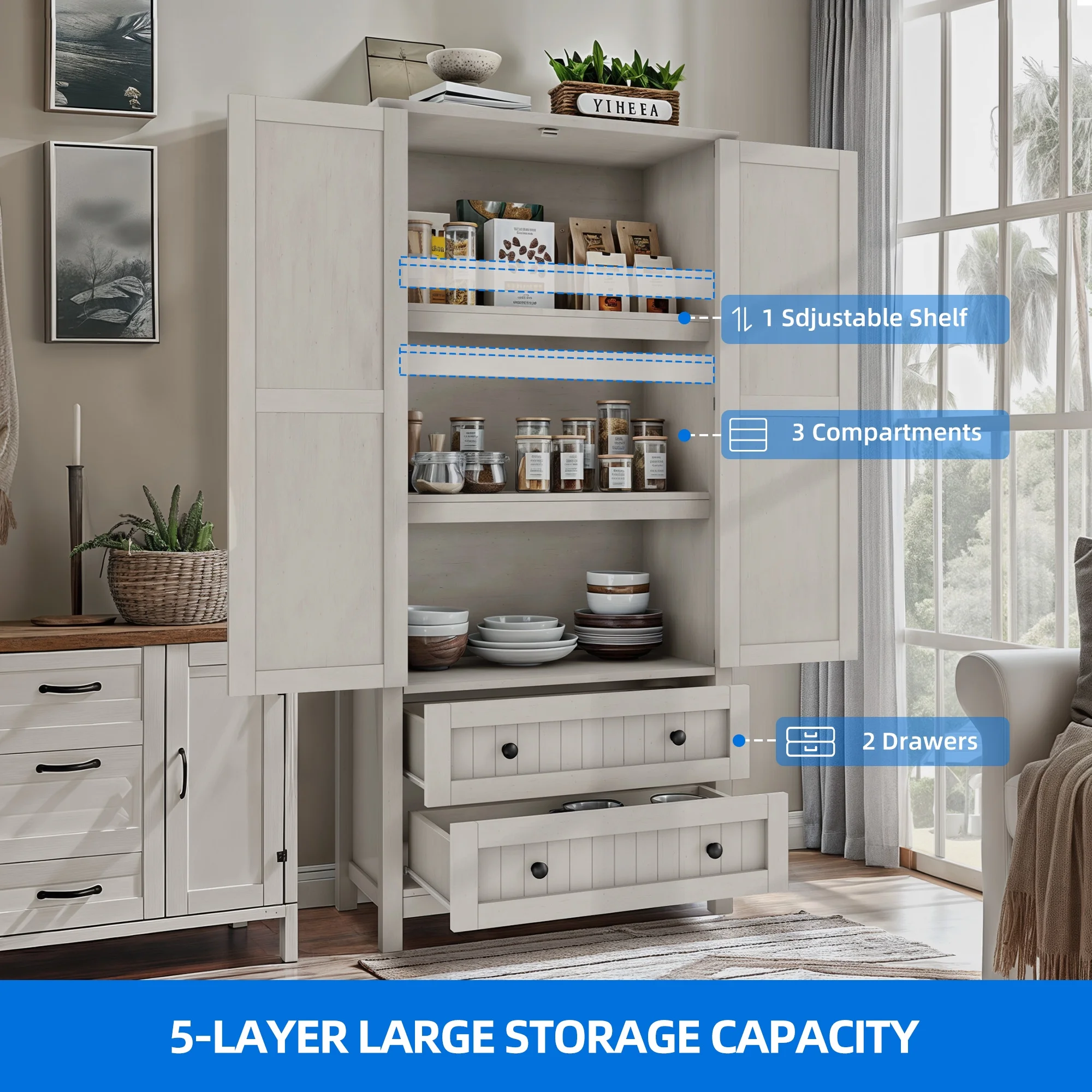Dextrus 64.56" Tall Kitchen Pantry Cabinet with 2-Drawer and Adjustable Shelves, White Oak - Image 4