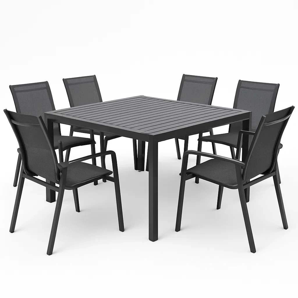 Conjunto de Comedor de Jardín Cuadrado para 6 Personas, Estructura de Acero, Incluye 1 Mesa y 6 Sillas con Respaldo de Tela, Color Negro - TdihwUz197ld