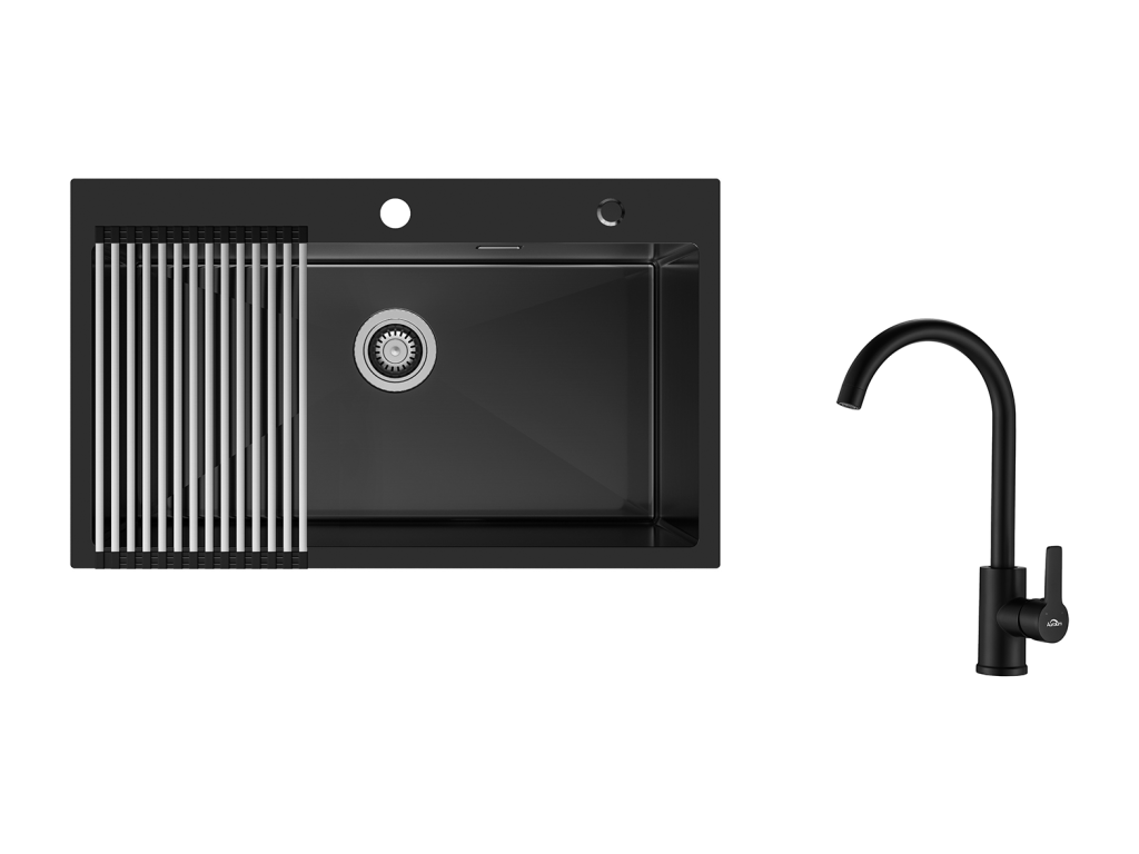 AuralumMAX Fregadero Cocina 1 Bandeja 75 x 45 cm,Fregadero Inox Negro con Escurridor Plegable+Mejedor Cocina Giratorio 360°,Barbote Desmontable,Negro