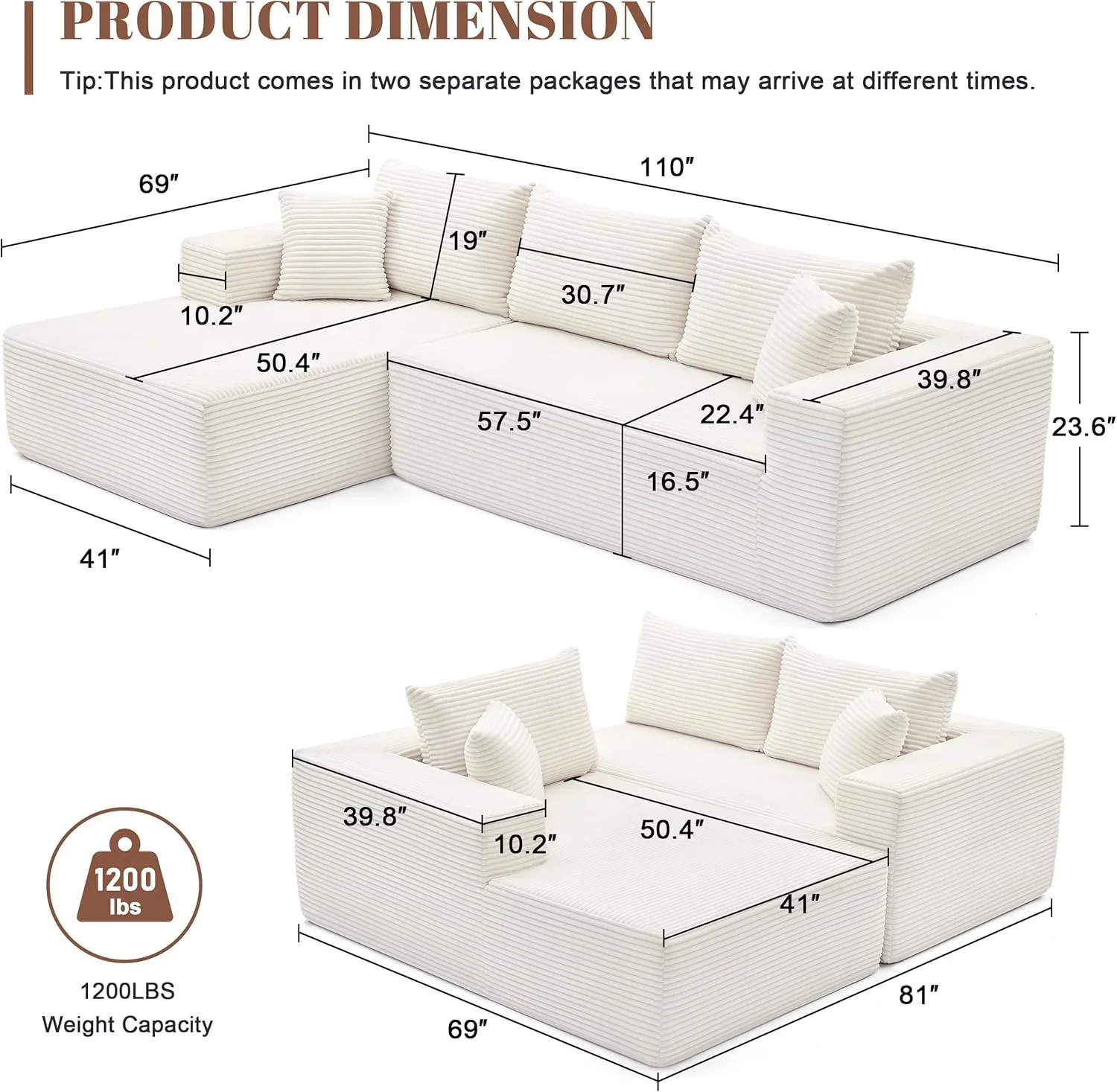 110 Cloud Sectional Couch, Boneless Sofa for Living Room Modular Sectional Sofa with Deep Seat