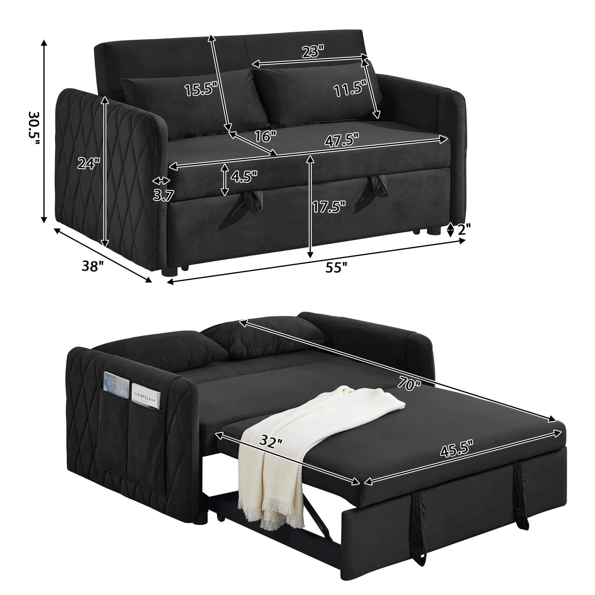 Convertible Sofa Bed,3 in 1 Sleeper Sofa with 2 Pillows and Adjustable Backrest for Living Room Office,Black - Image 11