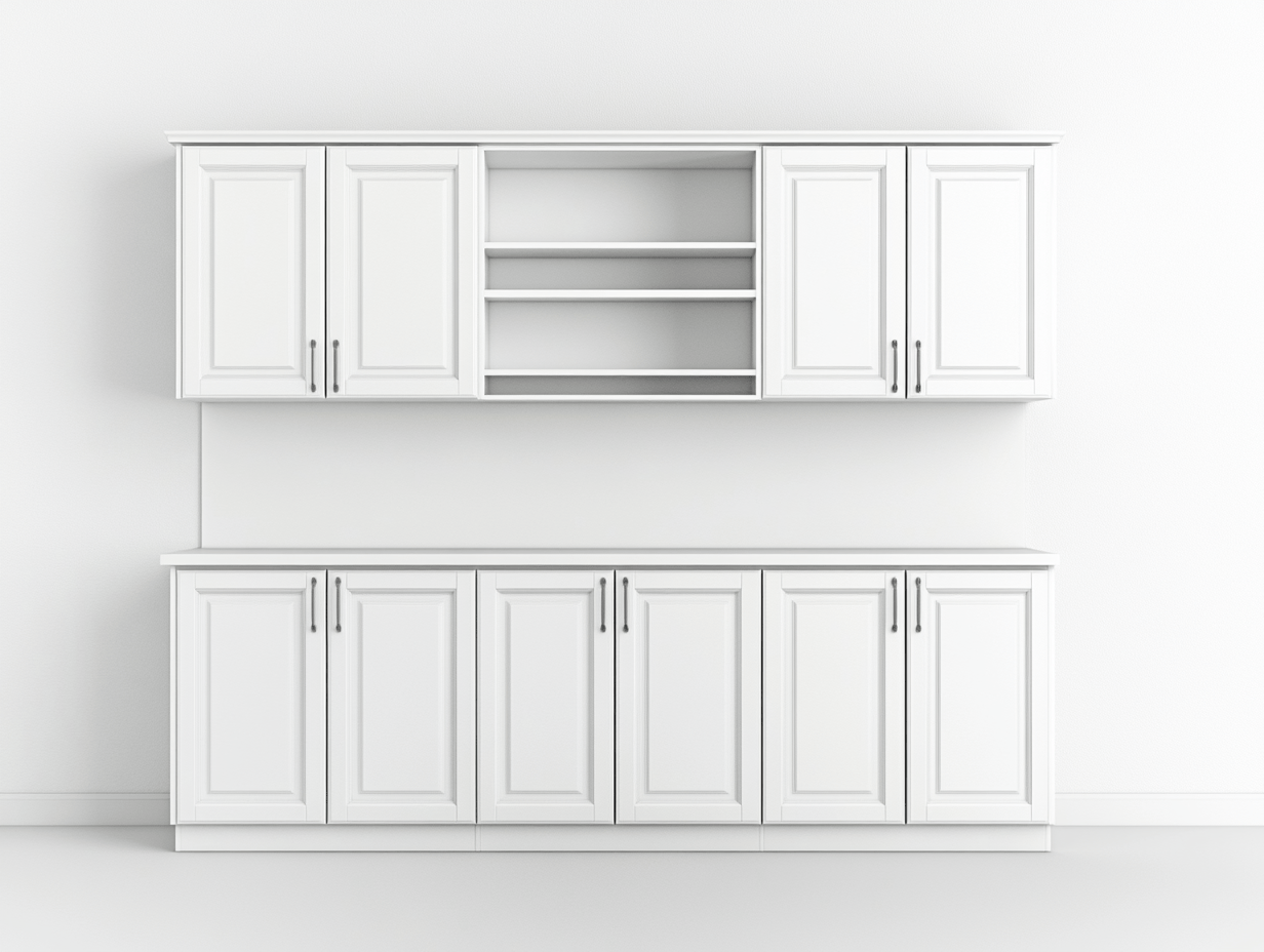 Armario de cocina blanco con puertas paneladas y estantes abiertos – MDF – 200×45×180 cm – clásico modular