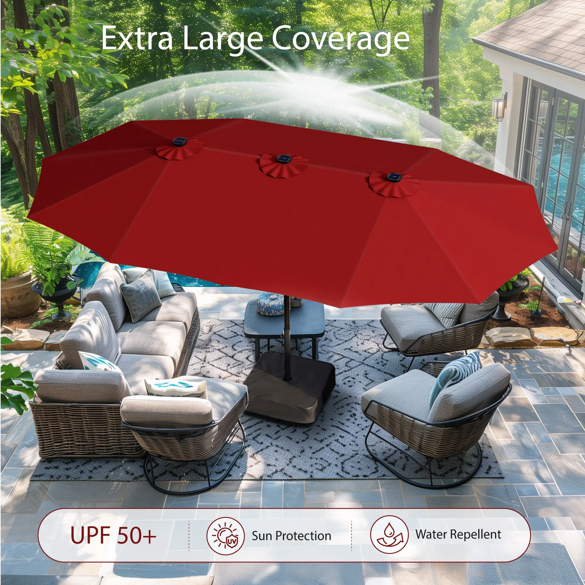 Alpha Joy 15ft Extra Large Outdoor Patio Double-Sided Umbrella with LED Solar Lights & Umbrella Base, Beige - Image 59
