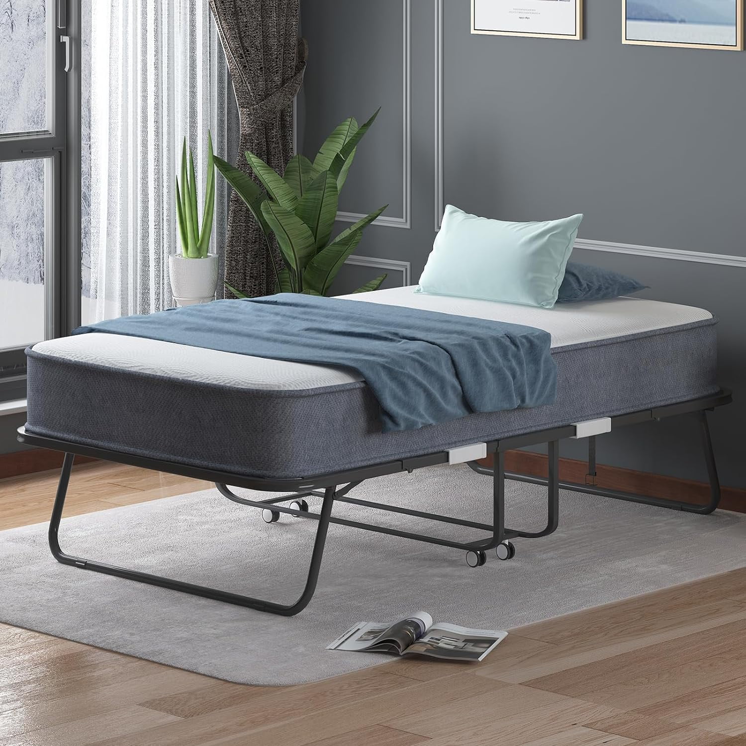 Puremind Folding Bed with 4 Inch Foam Mattress, 75" x 31" Rollaway Bed for Adults, Portable Bed with Lockable Wheels, Easy Assembly & Moving, Standard - Image 2