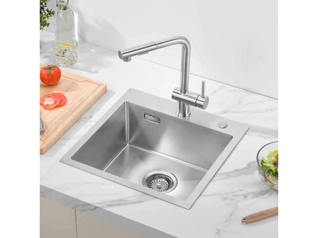 Fregadero Cocina 1 Contenedor 45x45CM Acero Inoxidable 304, empotrado y para colocar+Grifo Cocina Ducha Extragible Gris Oscuro Rotativo 360 °