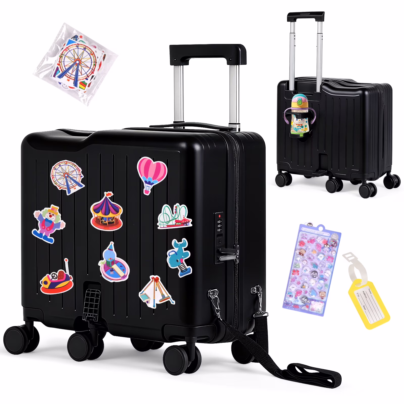 Advwin Ride-On Kids Luggage with Pull Strap, Footrests, Cup Holder, 6 Wheels & Adjustable Handle, 18-Inch Spinner Suitcase with Stickers & Boarding Pass, Pink - Image 5