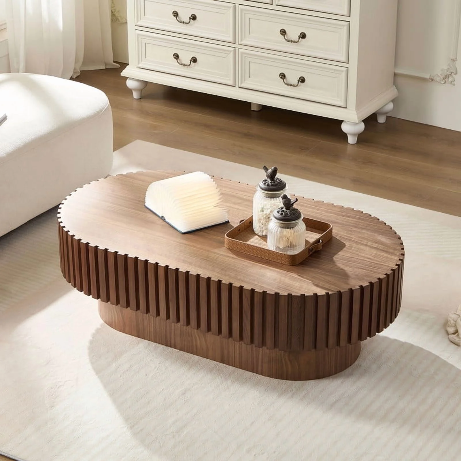FFH 43.7 inch Oval Coffee Table for Living Room,Handcraft Rustic Corner Coffee Table Nature Wood Relief Sturdy Pedestal for Apartmen,Side Table Centre Table,Nature Wood - Image 16