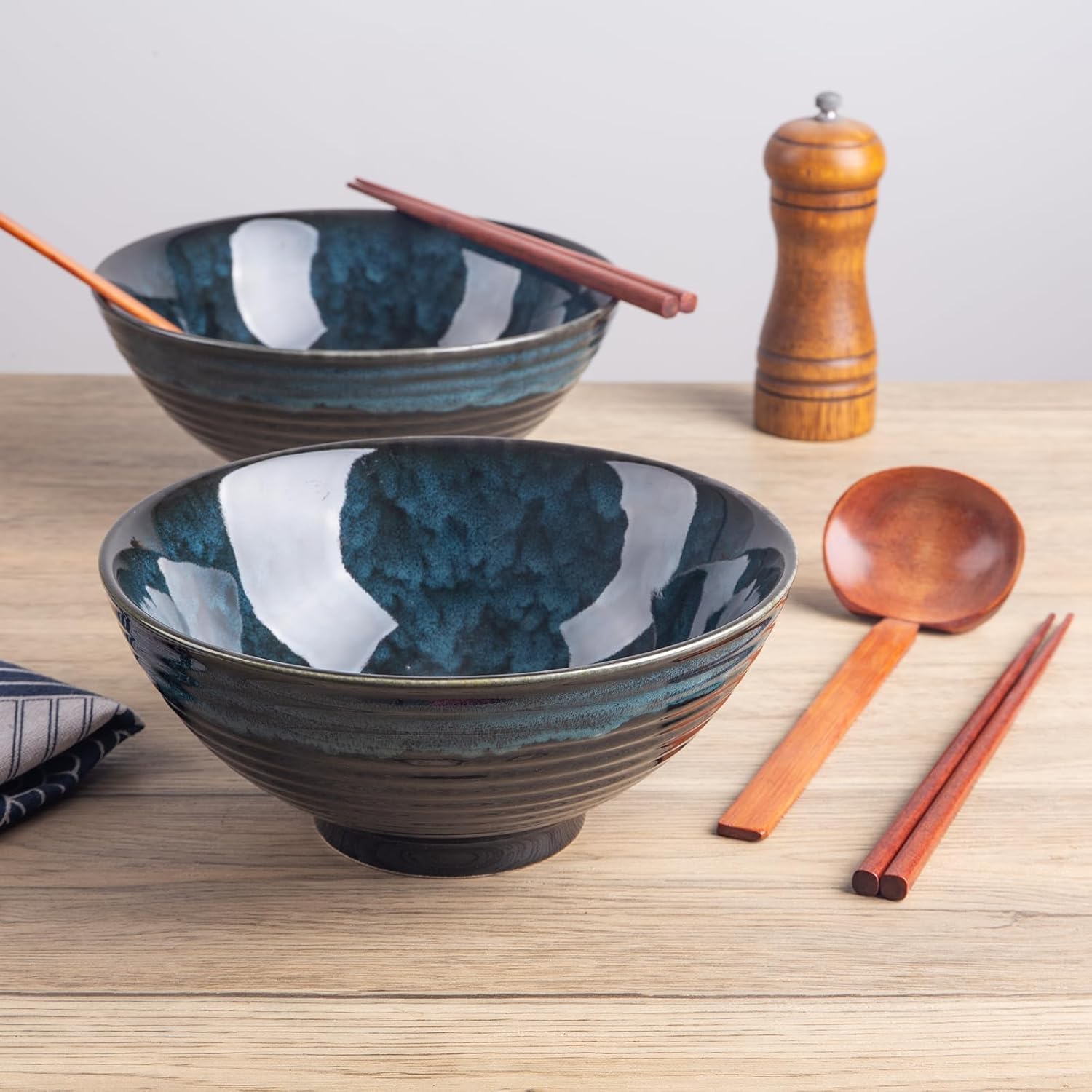 40oz Japanese Ceramic Ramen Bowl Set of 2 with Chopsticks and Spoons for Pho Udon Asian Soup Noodles (Nebula Blue)
