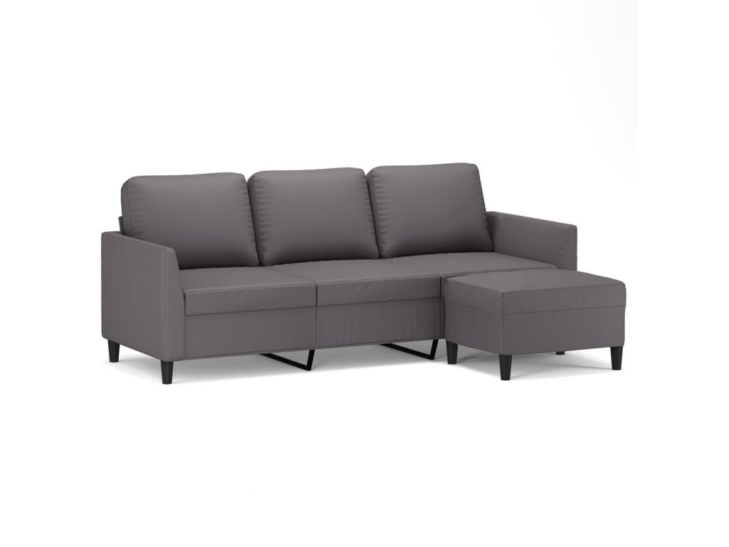 Sofá de 3 plazas con taburete cuero sintético gris 180 cm