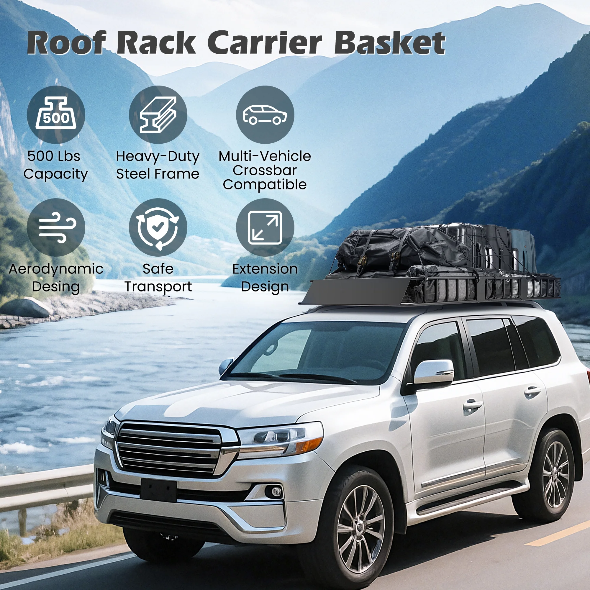 Naipo Roof Rack Cargo Basket,500 lb,64"x39"x6"Extendable Roof Luggage Holder Rack with 4 U-Bolts for SUV/RV,Camping - Image 9