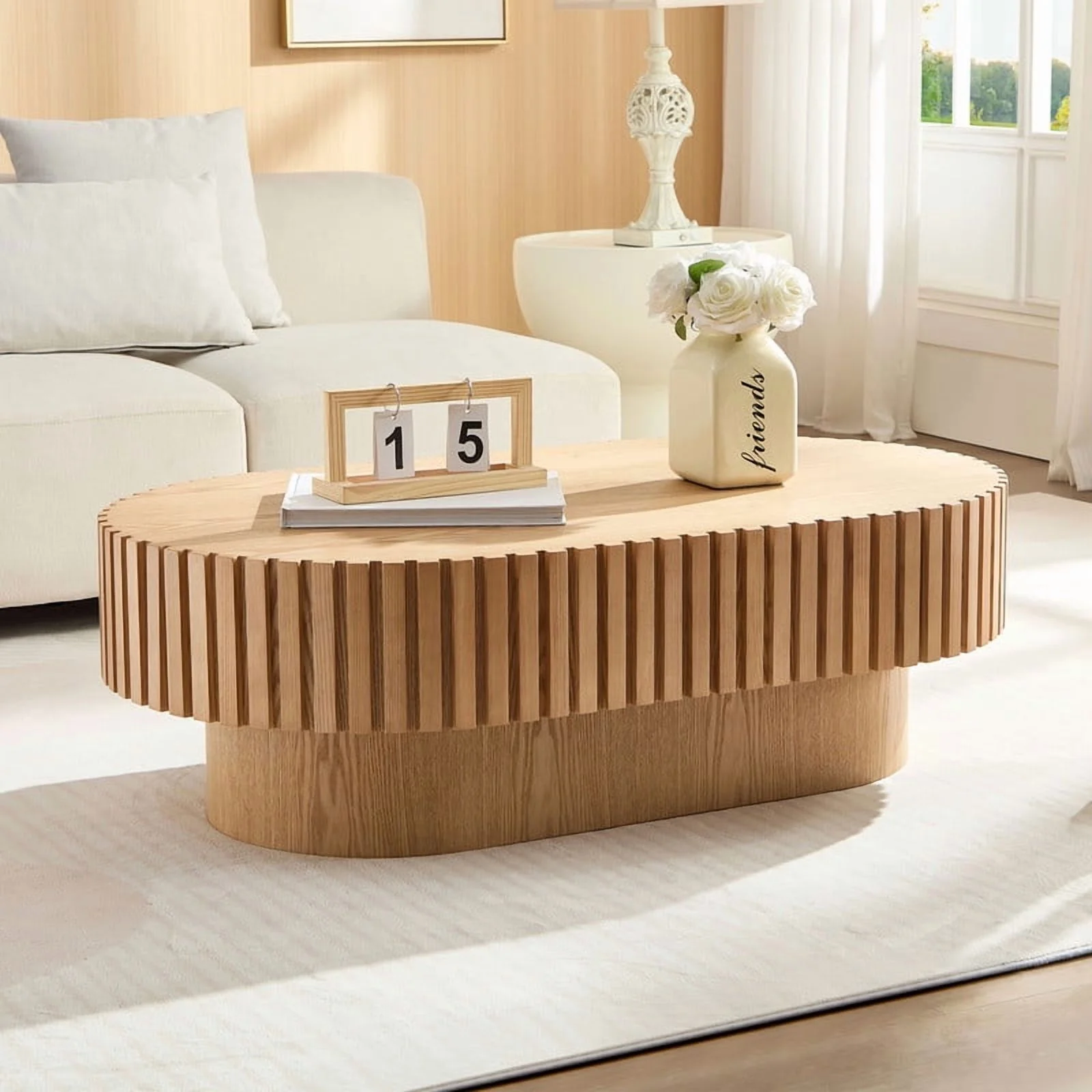 FFH 43.7 inch Oval Coffee Table for Living Room,Handcraft Rustic Corner Coffee Table Nature Wood Relief Sturdy Pedestal for Apartmen,Side Table Centre Table,Nature Wood - Image 64
