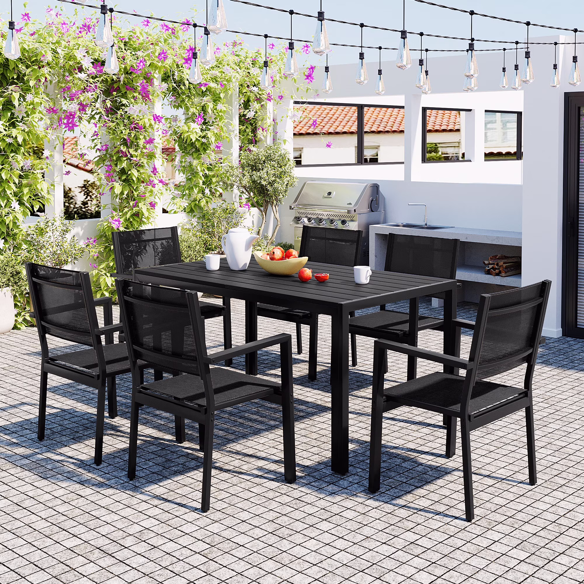7 Piece Outdoor Dining Set, Patio Dining Table Set for 6 Persons, Garden Patio Textilene Dining Furniture Set with Plastic-Wood Tabletop, Dining Table Chairs Conversation Set for Deck Patio - Image 3