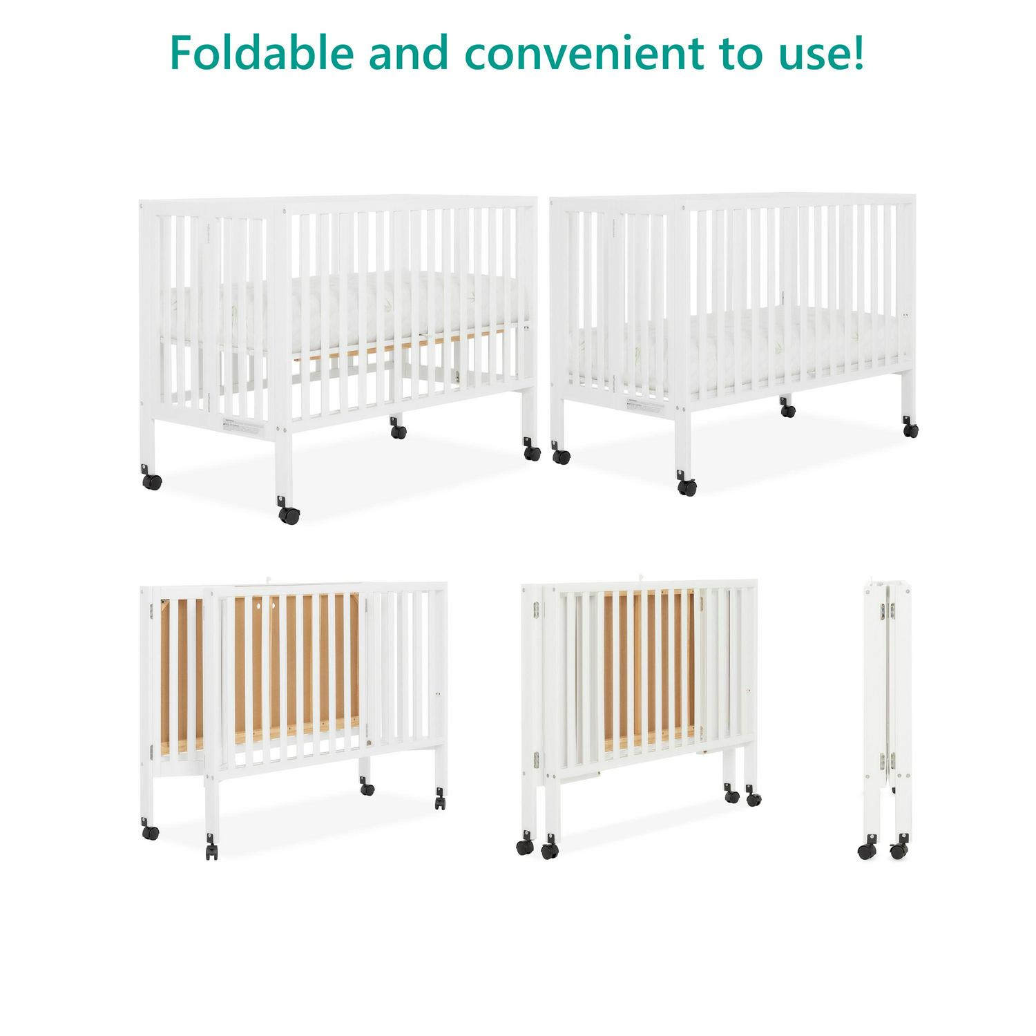 Dream On Me Quinn Full-Size Folding Crib. Removable Wheels. Modern Nursey. Adjustable Mattress Support. Patent Folding System in White - Image 6