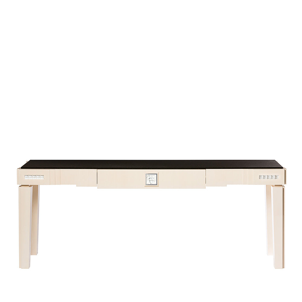 CONSOLE MASQUE DE FEMME GRAND MODÈLE - CRISTAL INCOLORE ET FRÊNE IVOIRE AVEC PLATEAU EN GRANITE NOIR