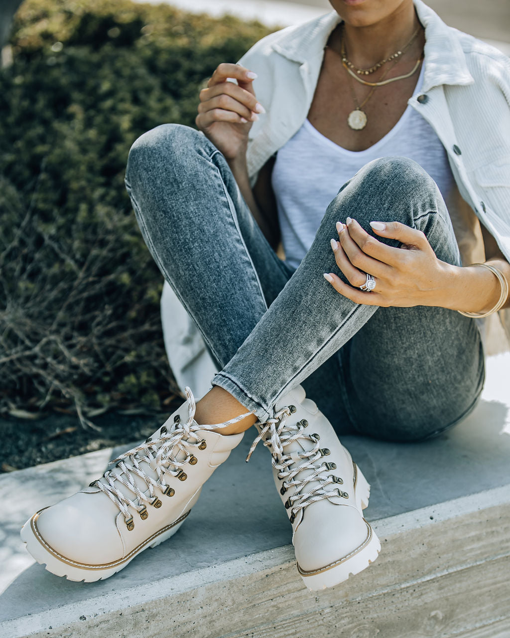 Kinsley Faux Leather Lace Up Boot - Beige - Se7enfashion