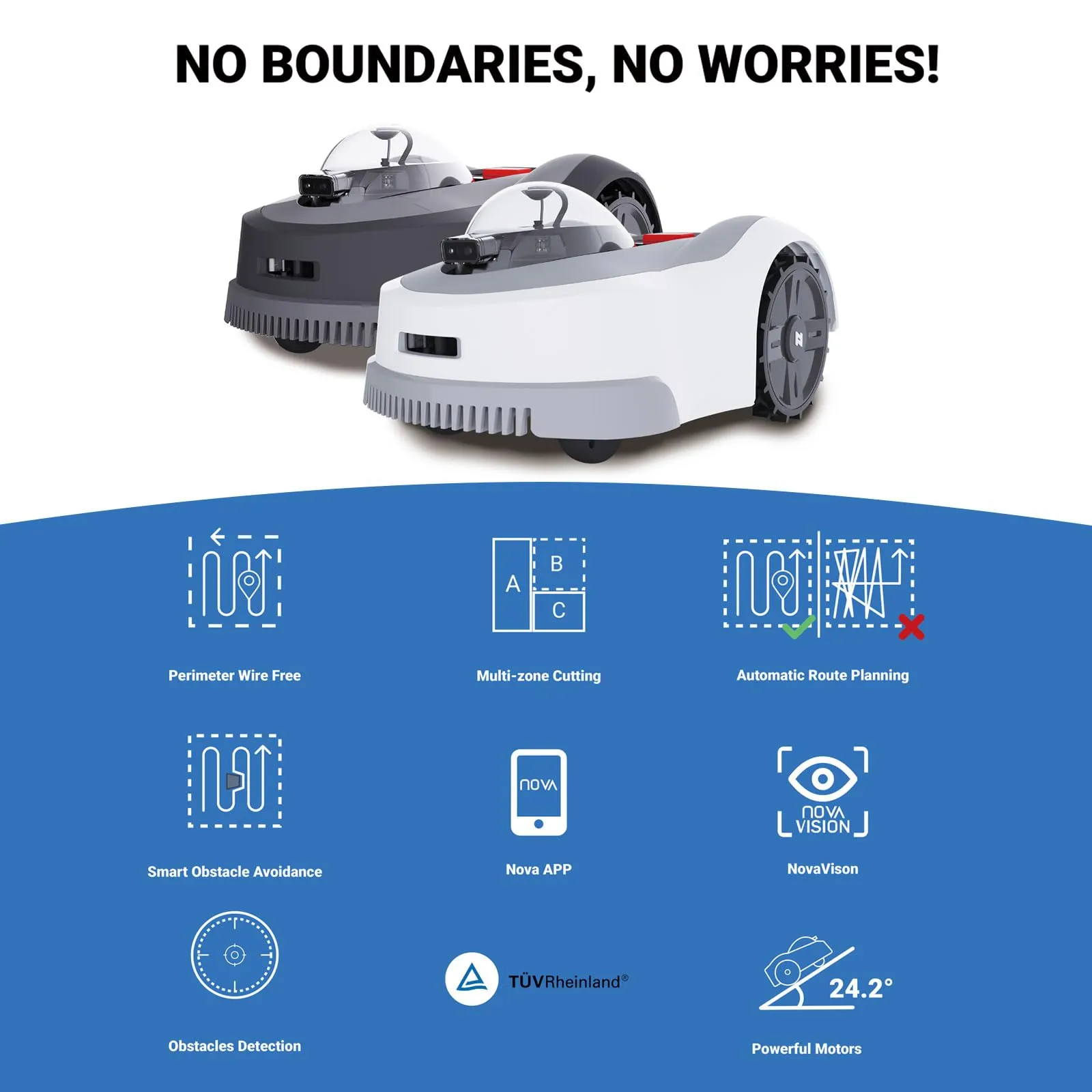 N2000 Robot Lawn Mower Perimeter Wire Free RTK+TOF+Vision Robotic Lawn Mower for 1.50 Acres Cut Height 0.8″-3.5″ Adjustable APP Control AI-Assisted Mapping Virtual Boundaries Multi-Zone