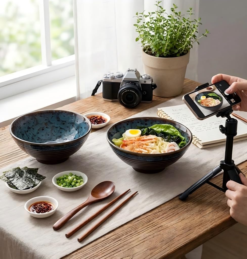 JJOO Ramen Bowl, 8 inch Large Ceramic Ramen Pho Noodle Bowls Set with Chopsticks and Spoons, Japanese Style, Set of 2