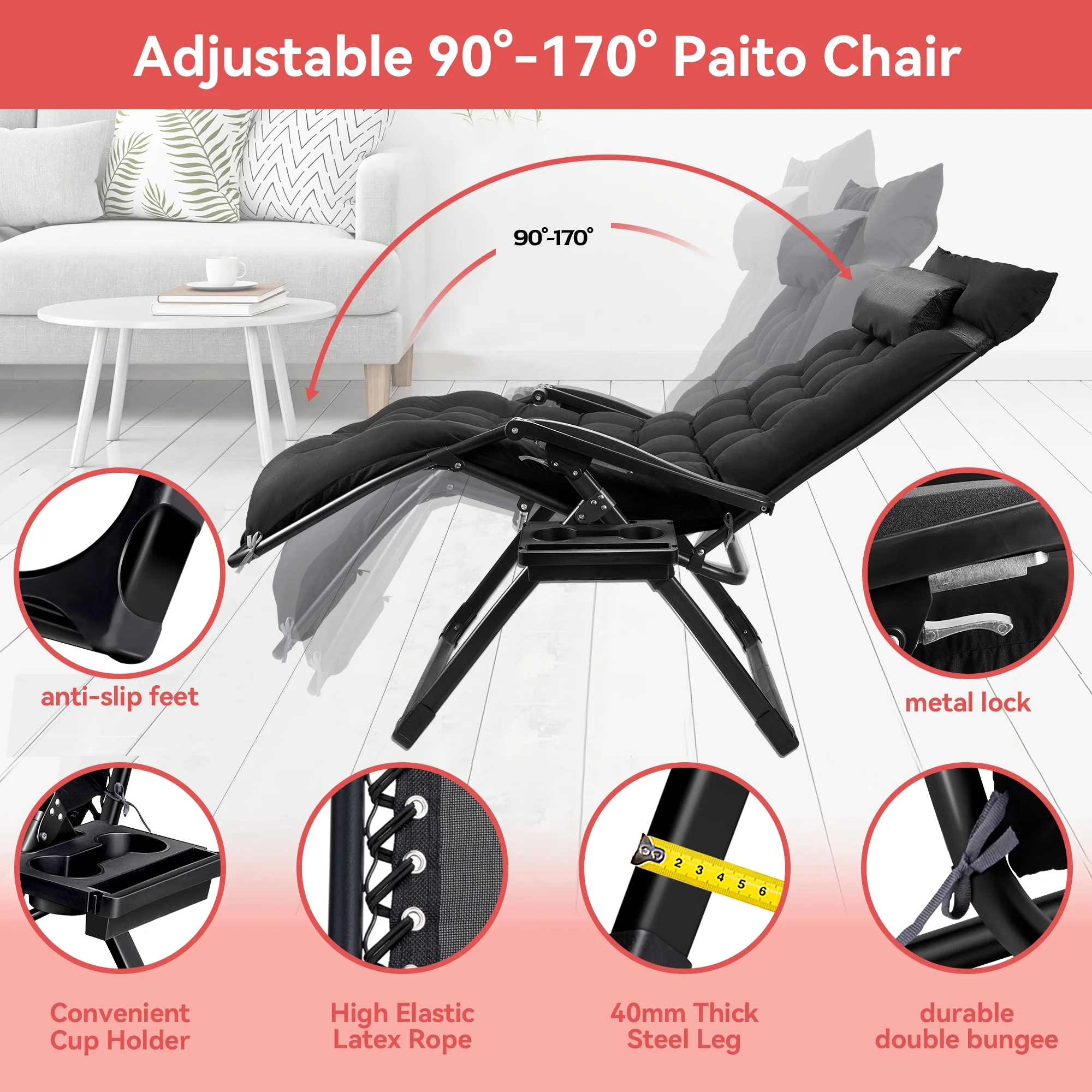 VECUKTY XXL Oversize Zero Gravity Chair - 500lb Capacity, 33-Inch Wide Padded Seat, Folding Travel Recliner for Outdoor / Indoor Use - Patio, Lawn, Black, Portable and Heavy Duty - Image 5