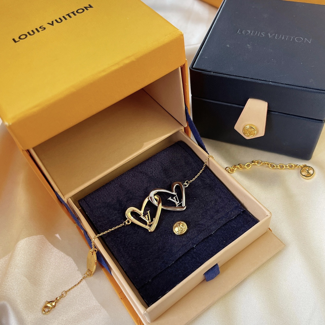 Louis Vuitton Hollow Silver Gold Double Interlocking Hearts Bracelet - Original Replica Club