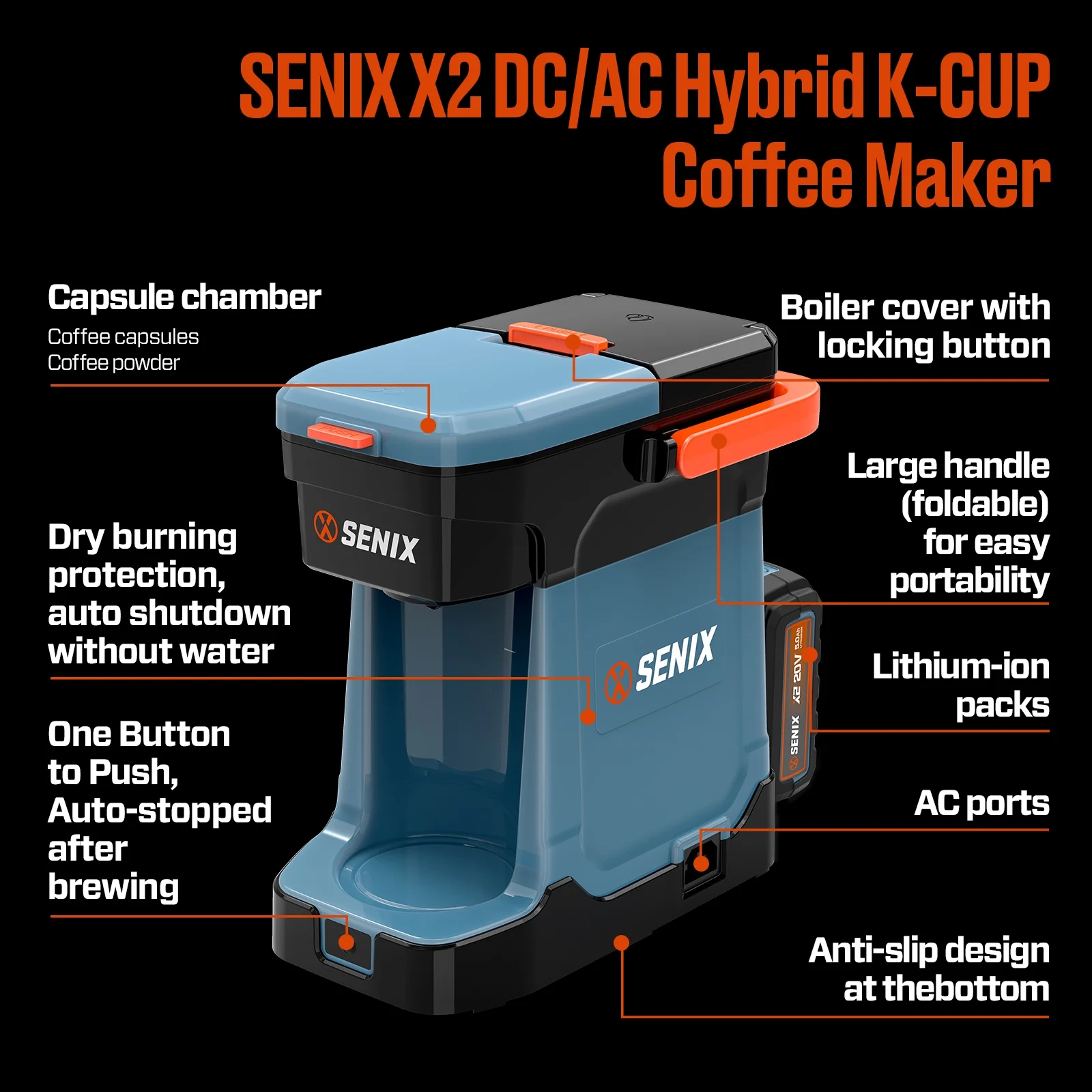 SENIX Single Serve Coffee Maker, Plug-in & Battery Coffee Machine, 8oz, Compatible with K-Cup, Grounds, Pods for Travel, Camping, Outdoor, Home, Job Sites - Includes Battery & Charger - Image 3
