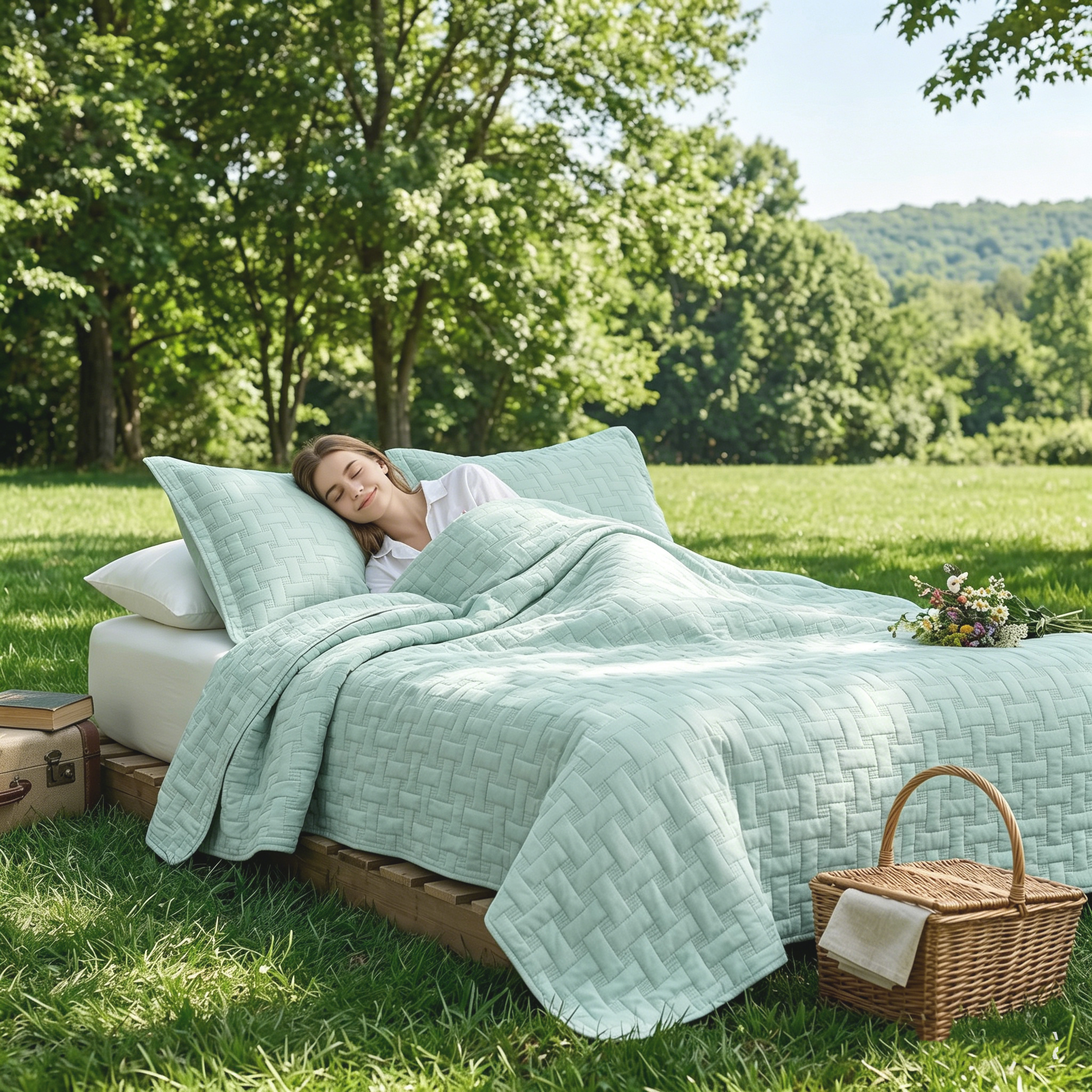 The Bedspread Features a Fresh Light Green Tone and Classic Quilted Pattern Striped Perfect for  Romantic Bedroom Decor